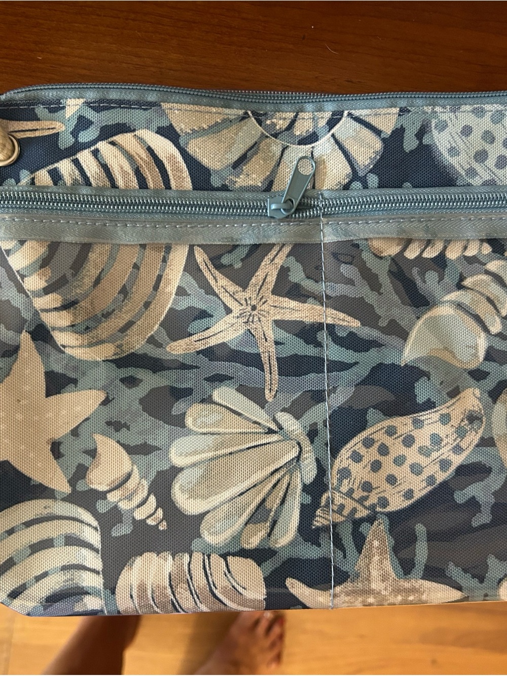 Seashell Printed Cosmetic Pouch in Blue and Cream